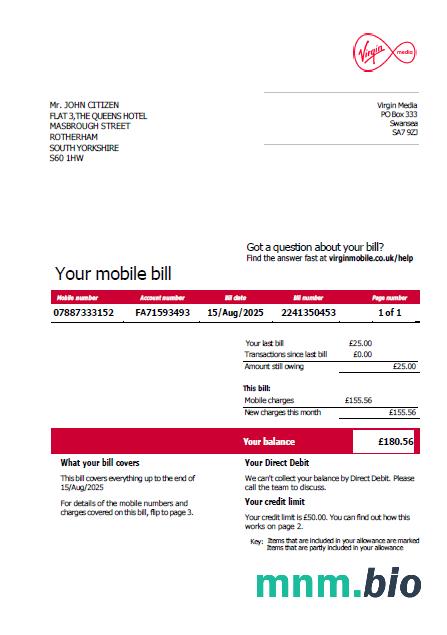 USA Virgin Media rachunek za media szablon w formacie Word i PDF, Wersja 2